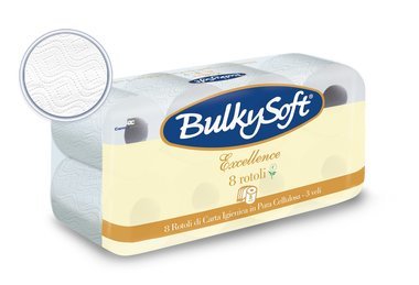 BulkySoft excellence kistekercses toalettpapír 3rtg 150lap 15,75m cell 12x8tek/gyűjtő